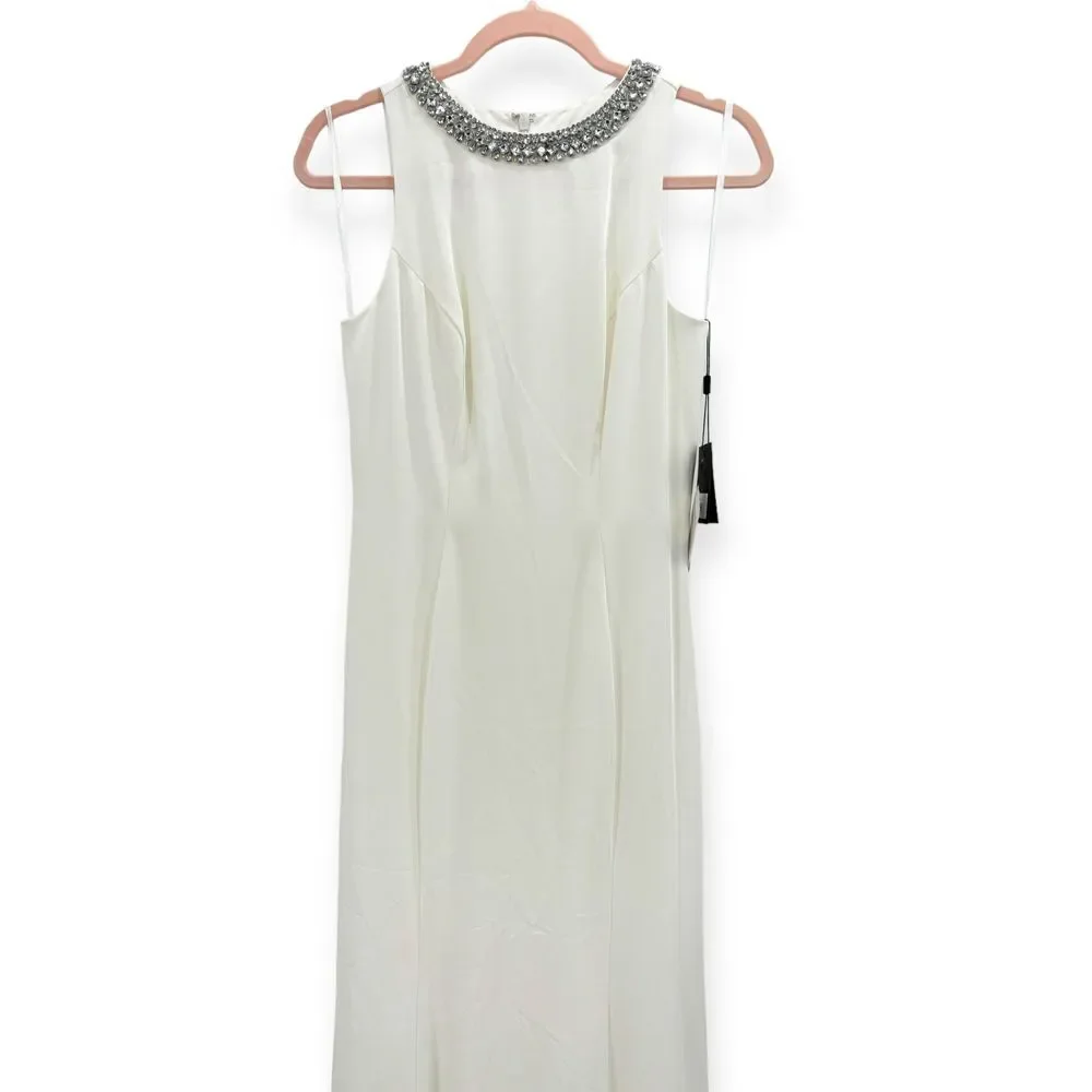 Mac Duggal Ieena NEW White Embellished Neck Sleeveless Crepe Trumpet Gown Size 2